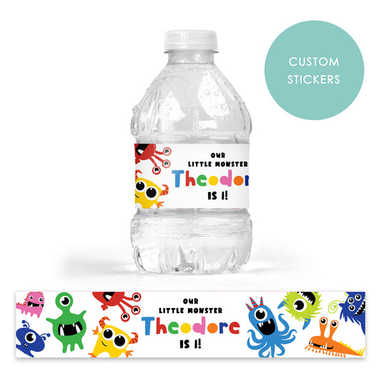 DRINK LABEL STICKERS x 7 Personalised Little Monsters Rainbow Party