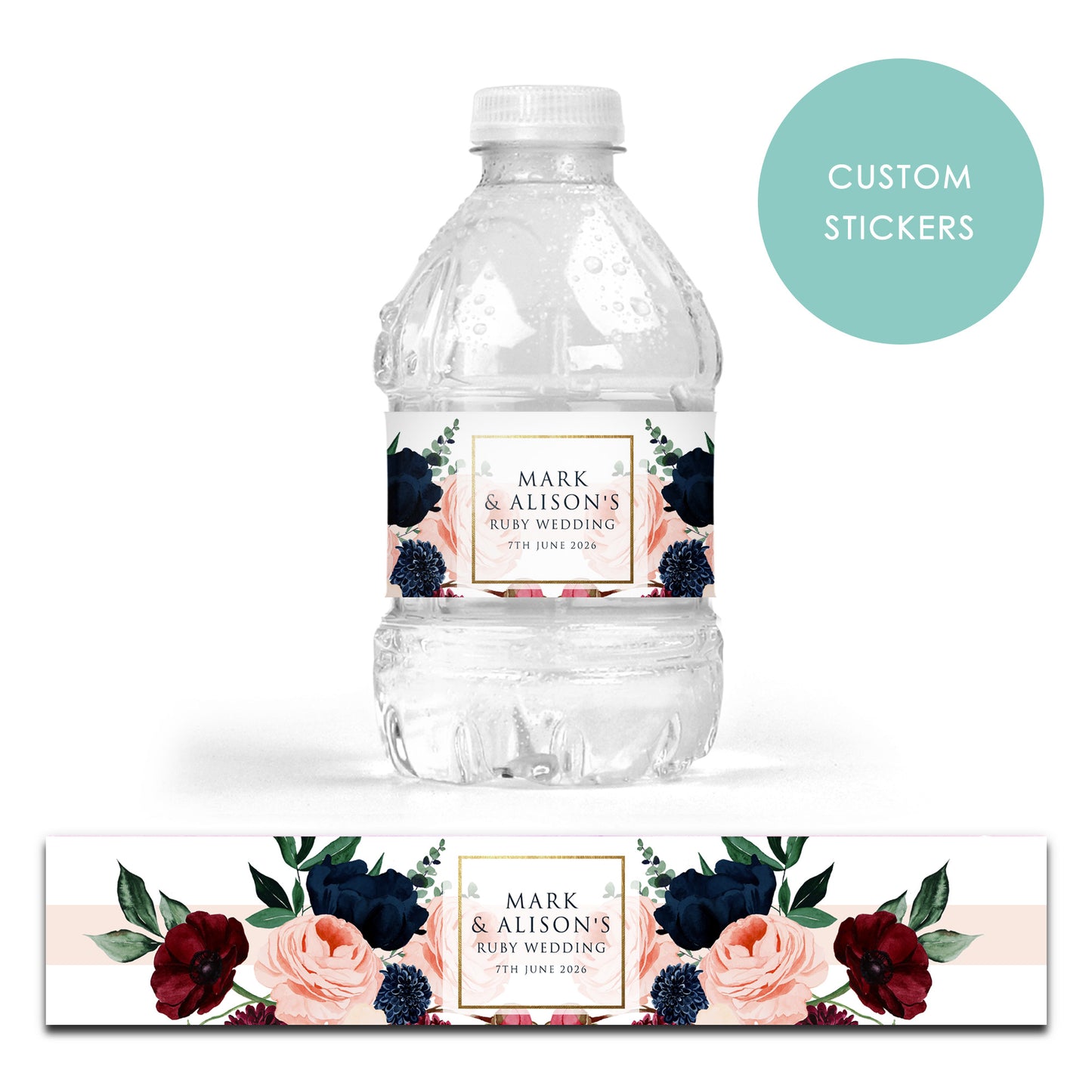 DRINK LABEL STICKERS x 7 Personalised Birthday Navy Red Burgundy Floral Flowers  Wedding Anniversary