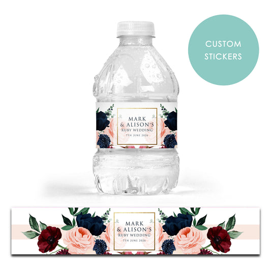 DRINK LABEL STICKERS x 7 Personalised Birthday Navy Red Burgundy Floral Flowers  Wedding Anniversary