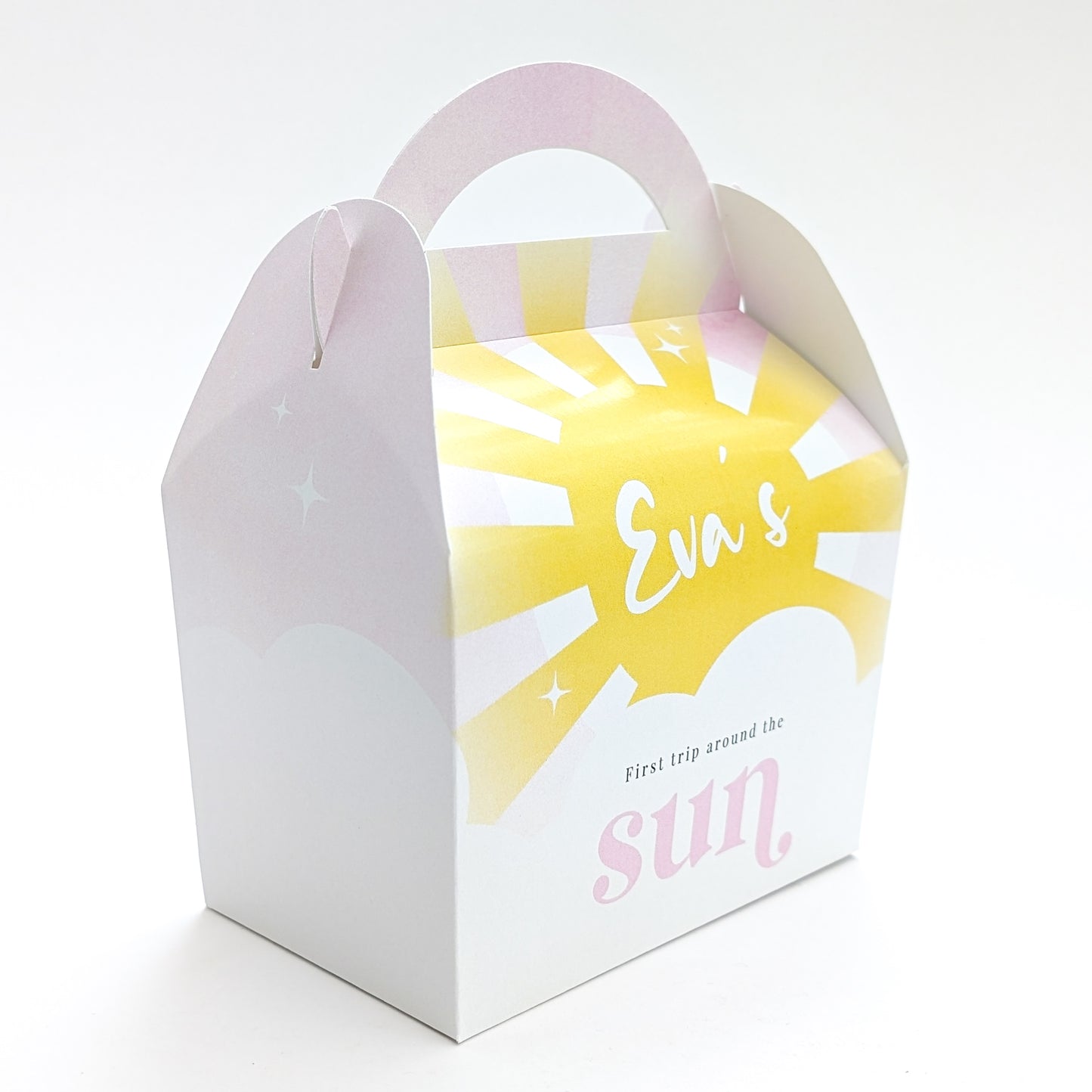 FIRST TRIP AROUND THE SUN Pastel Sunshine Personalised Children’s Party Box Gift Bag Favour