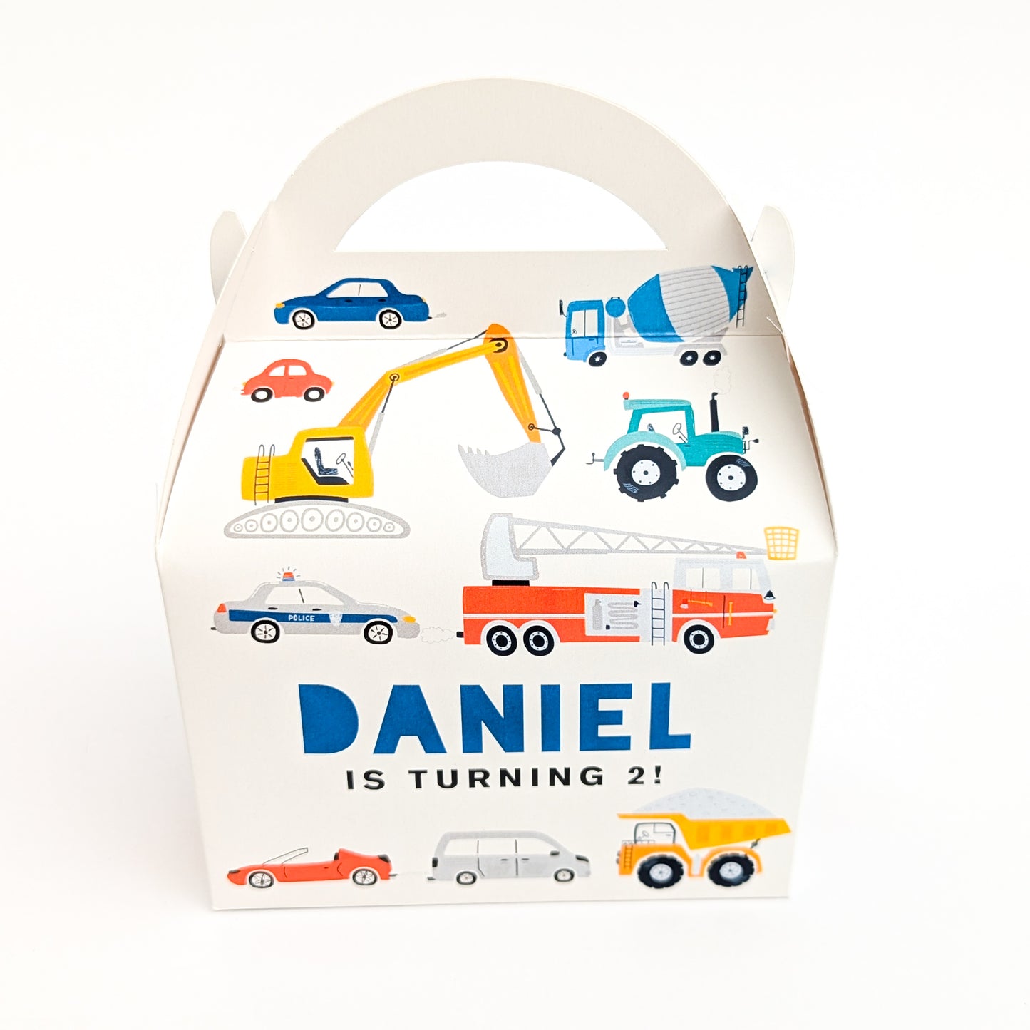 TRANSPORT Cars Trucks Vehicles Personalised Children’s Party Box Gift Bag Favour