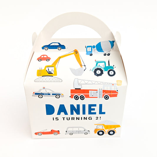 TRANSPORT Cars Trucks Vehicles Personalised Children’s Party Box Gift Bag Favour