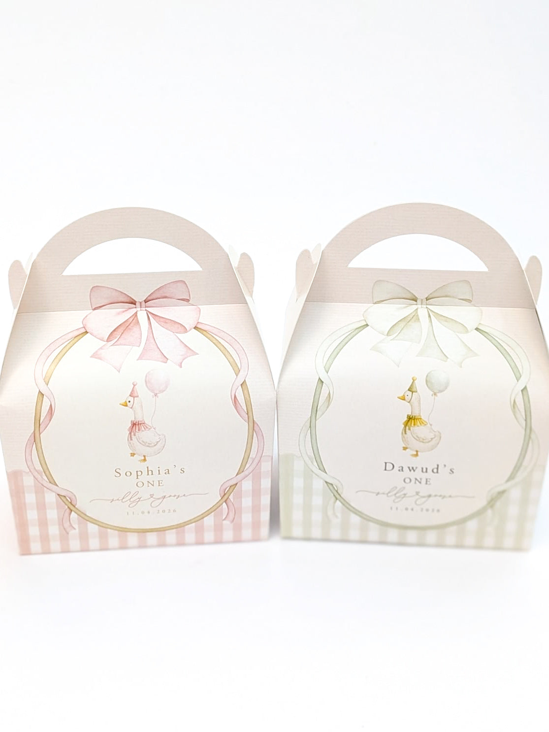 Silly Goose Personalised Party Boxes available in pink or green