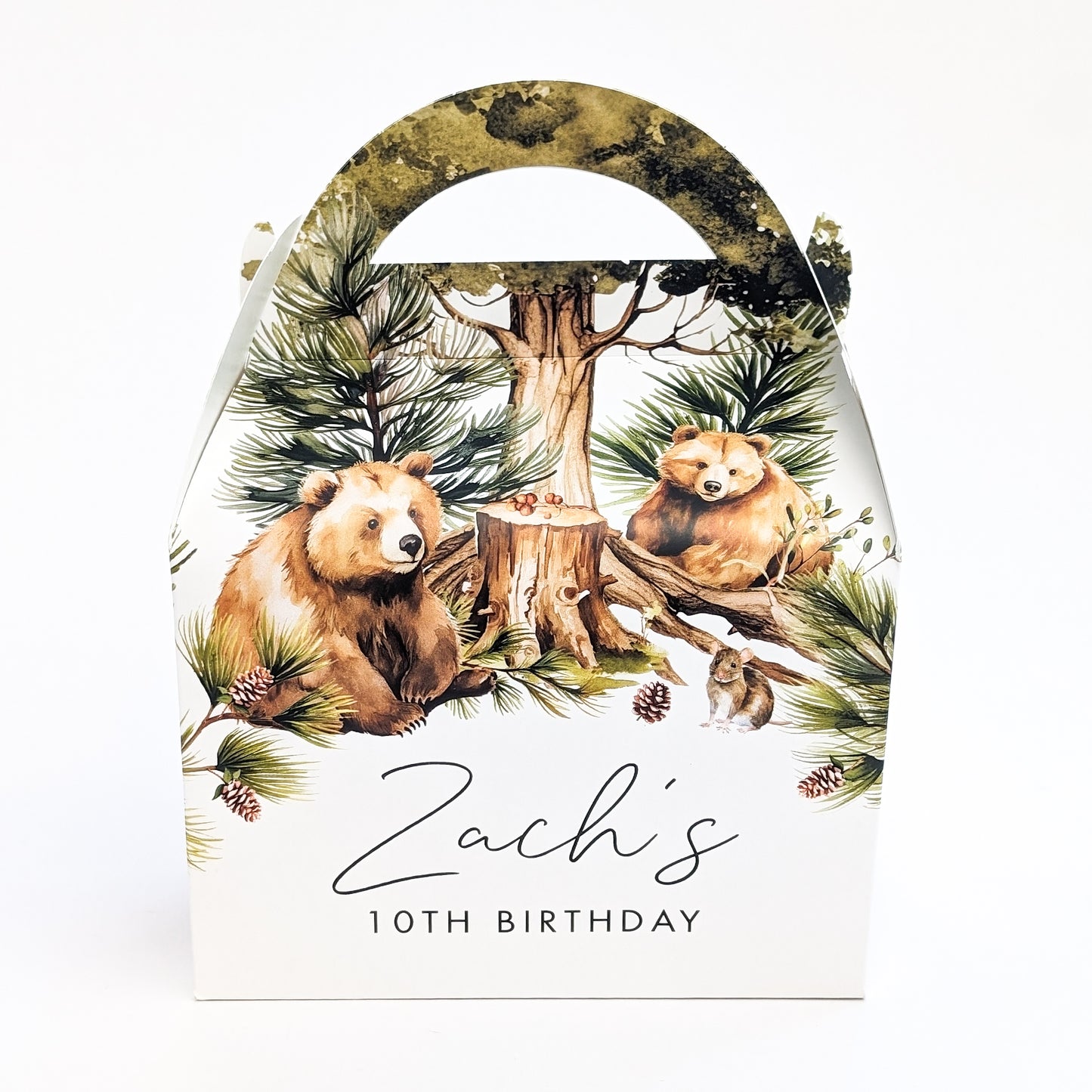 WOODLAND BEARS Watercolour Personalised Children’s Party Box Gift Bag Favour