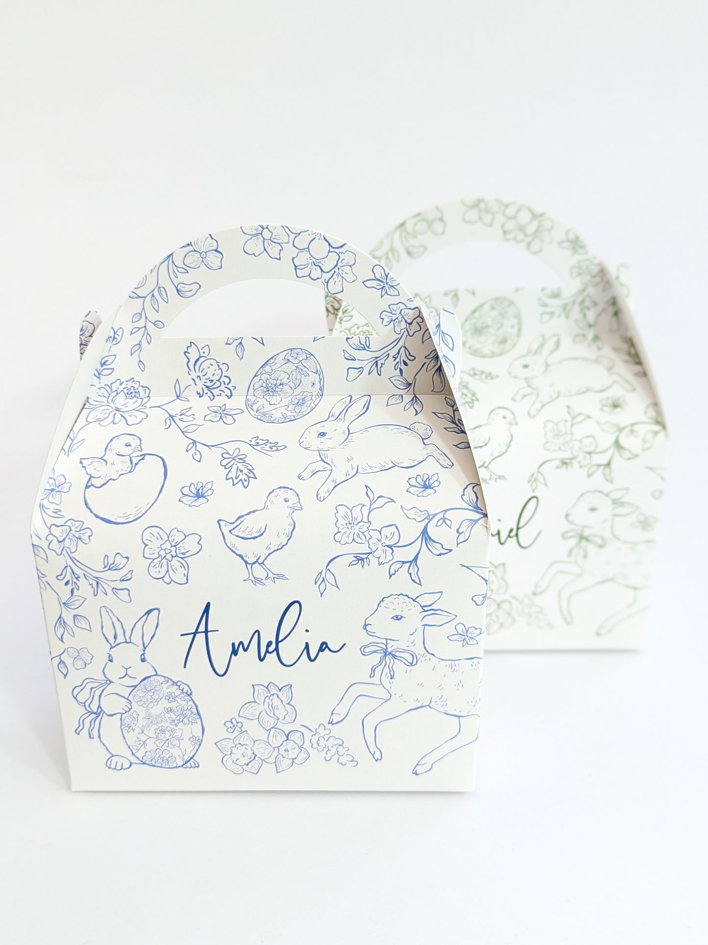 Personalised Easter Toile Treat Bags Favour Boxes in multiple colours
