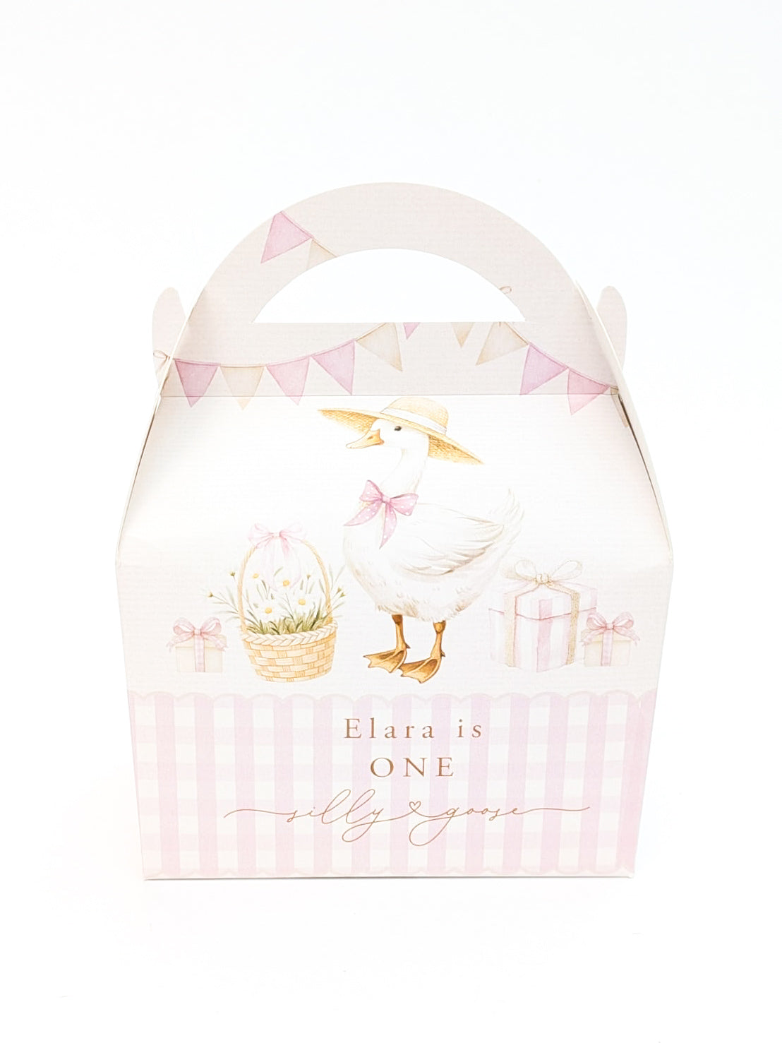 SILLY GOOSE first second 1st birthday children's personalised party boxes gingham boho