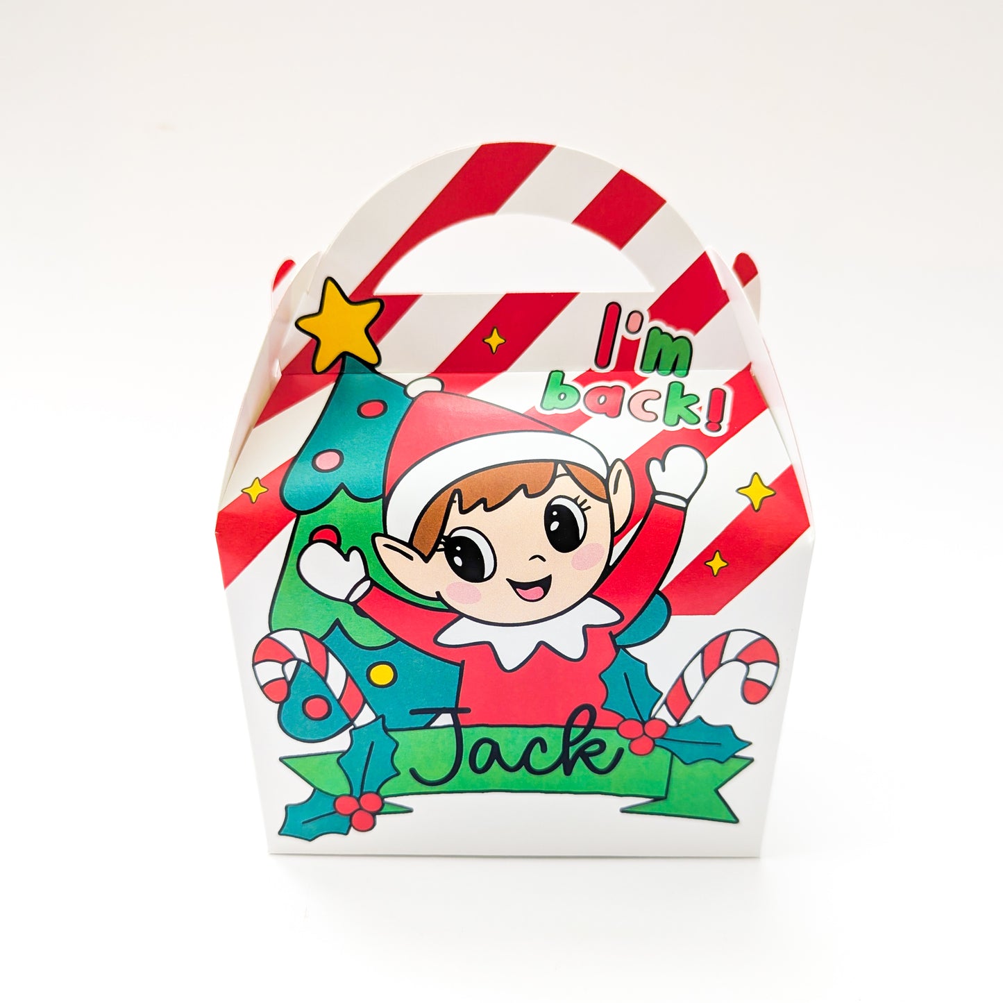 Personalised Elf Shelf I'm back return goodbye Christmas Treat Boxes Advent Party Box favours