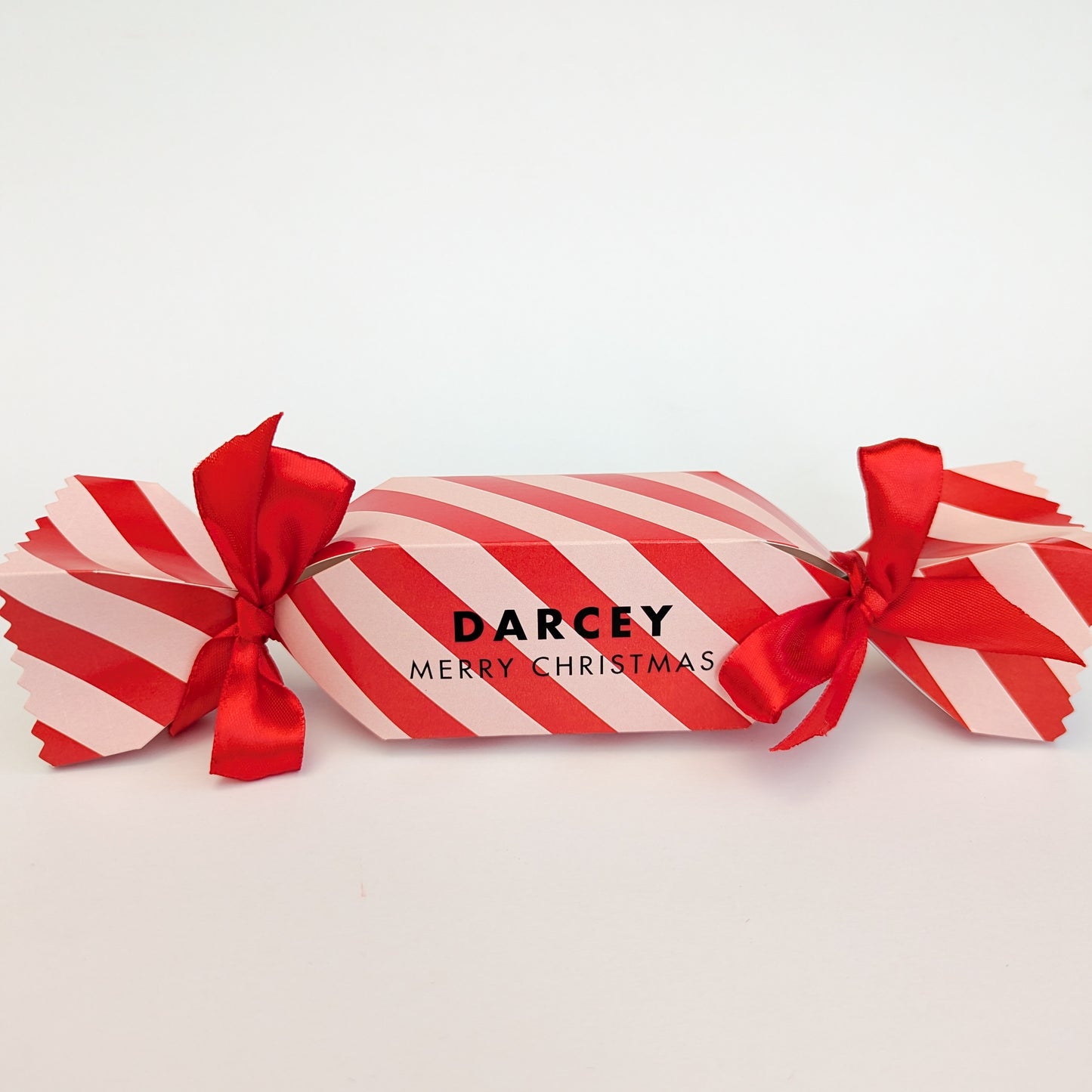 Personalised Candy Stripe Christmas Cracker Pink Red Merry and Bright Treat Box