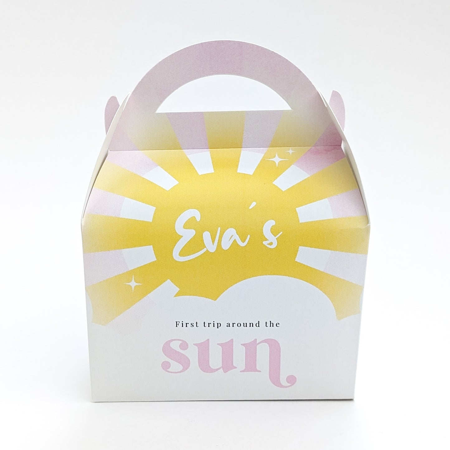 FIRST TRIP AROUND THE SUN Pastel Sunshine Personalised Children’s Party Box Gift Bag Favour