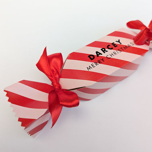 Personalised Candy Stripe Christmas Cracker Pink Red Merry and Bright Treat Box