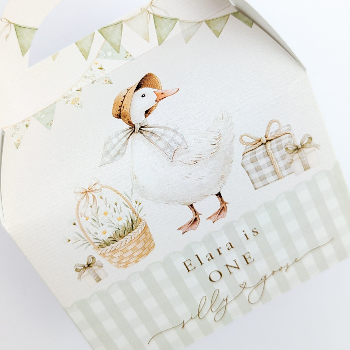 SILLY GOOSE first second 1st birthday children's personalised party boxes gingham boho