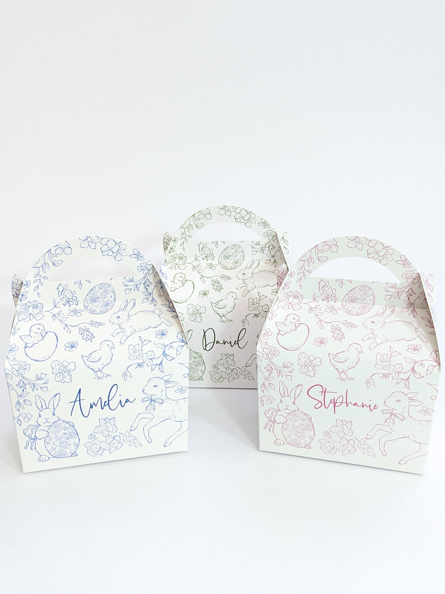 Personalised Easter Toile Treat Bags Favour Boxes in multiple colours