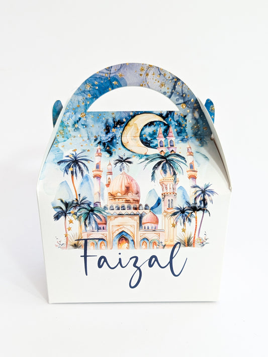 Personalised Eid Celebration Treat Boxes in Blue Watercolour Design
