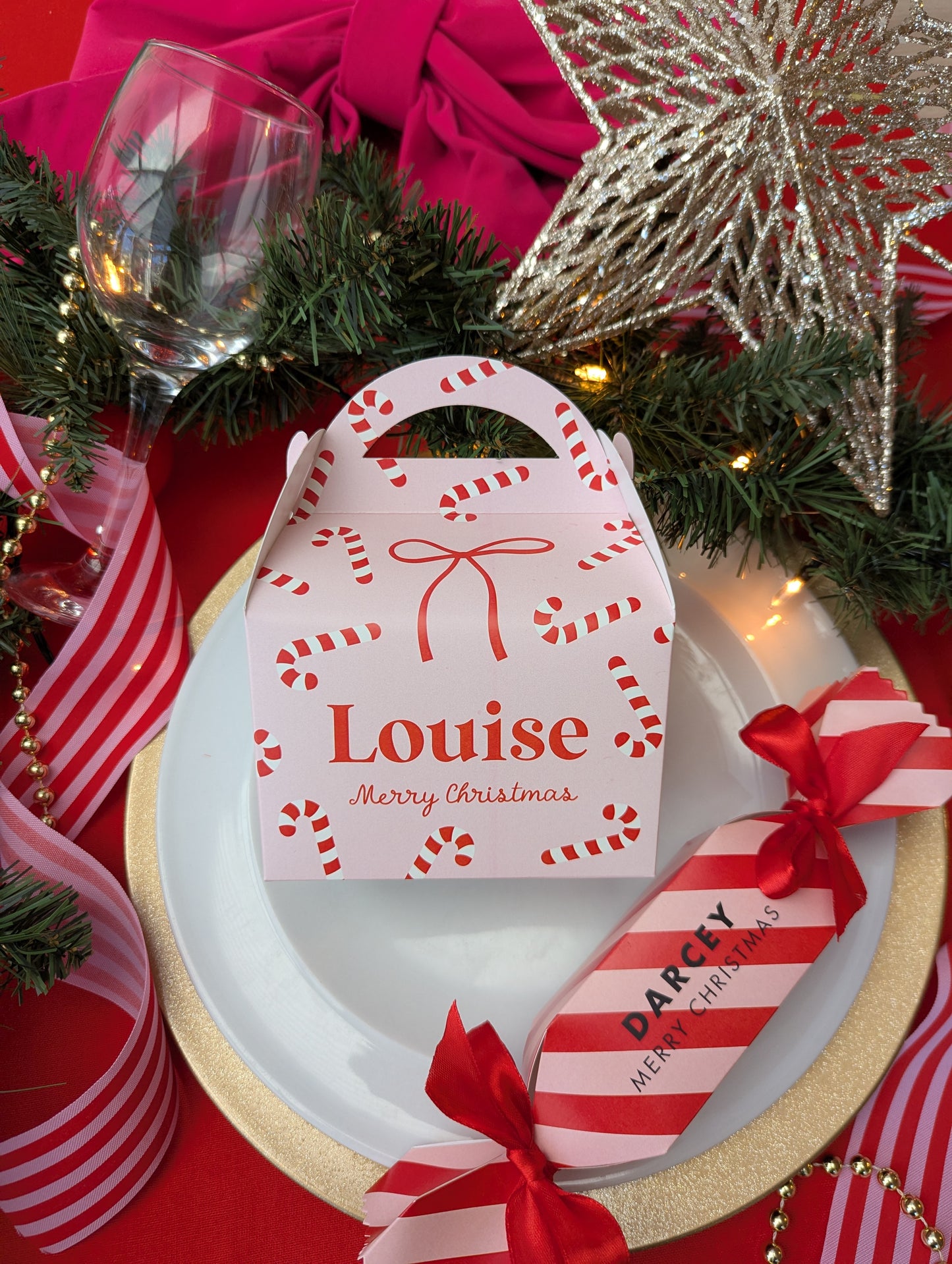 Personalised Candy Stripe Christmas Cracker Pink Red Merry and Bright Treat Box