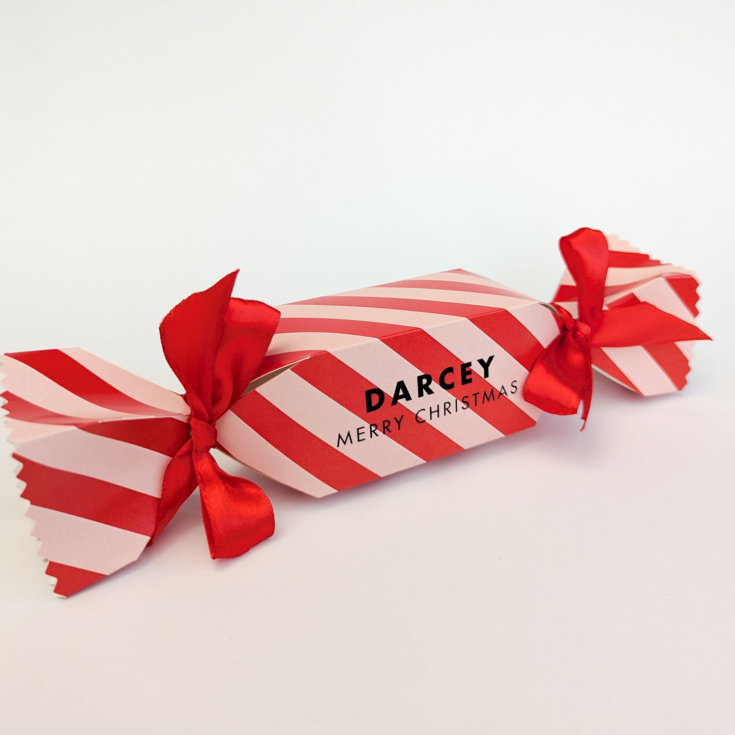 Personalised Candy Stripe Christmas Cracker Pink Red Merry and Bright Treat Box