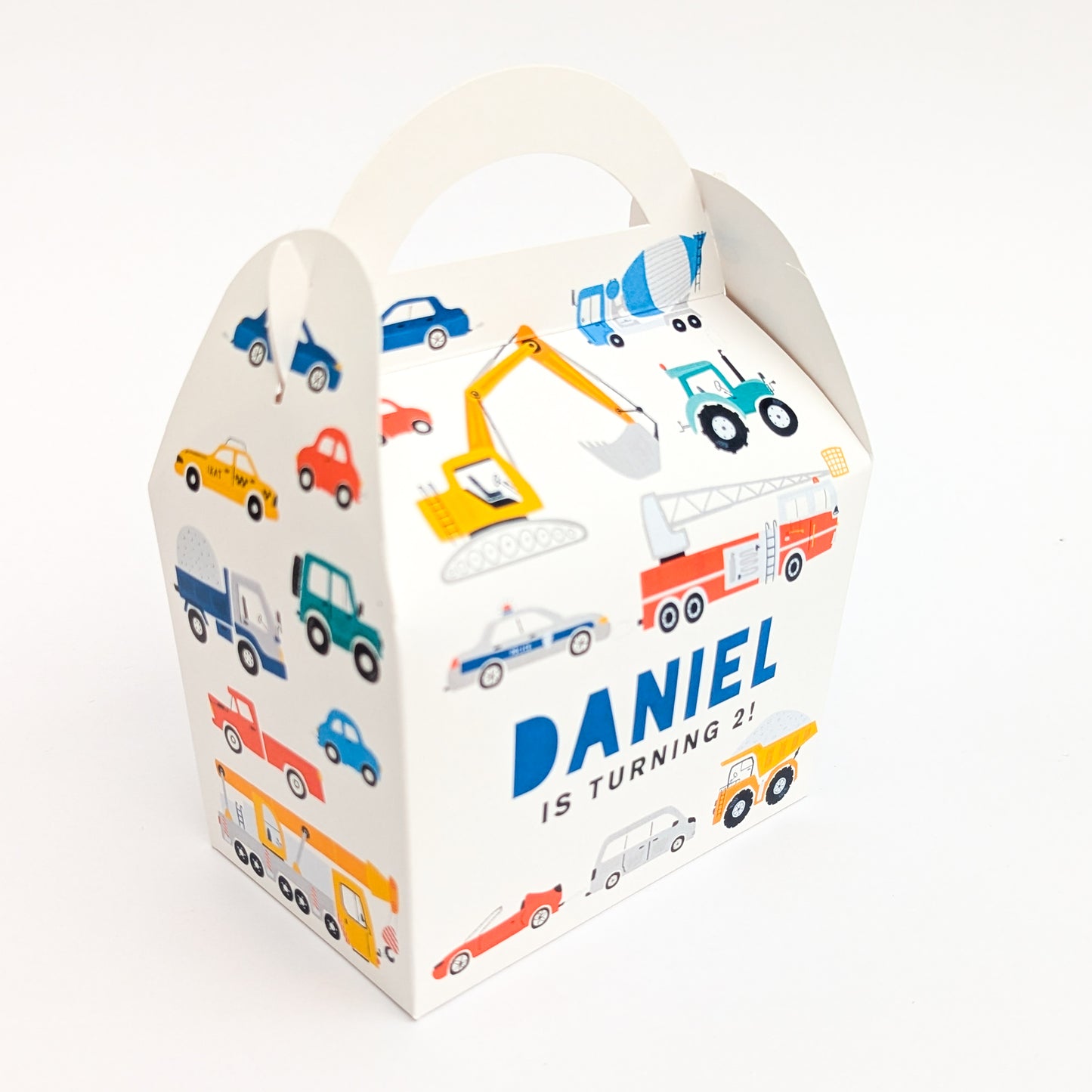 TRANSPORT Cars Trucks Vehicles Personalised Children’s Party Box Gift Bag Favour
