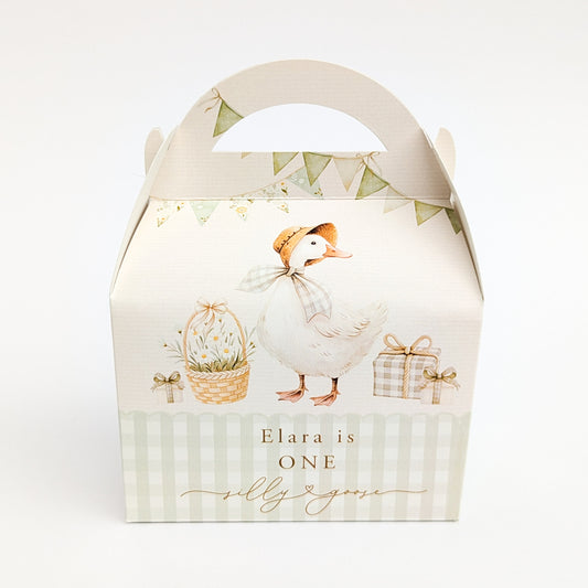SILLY GOOSE first second 1st birthday children's personalised party boxes gingham boho