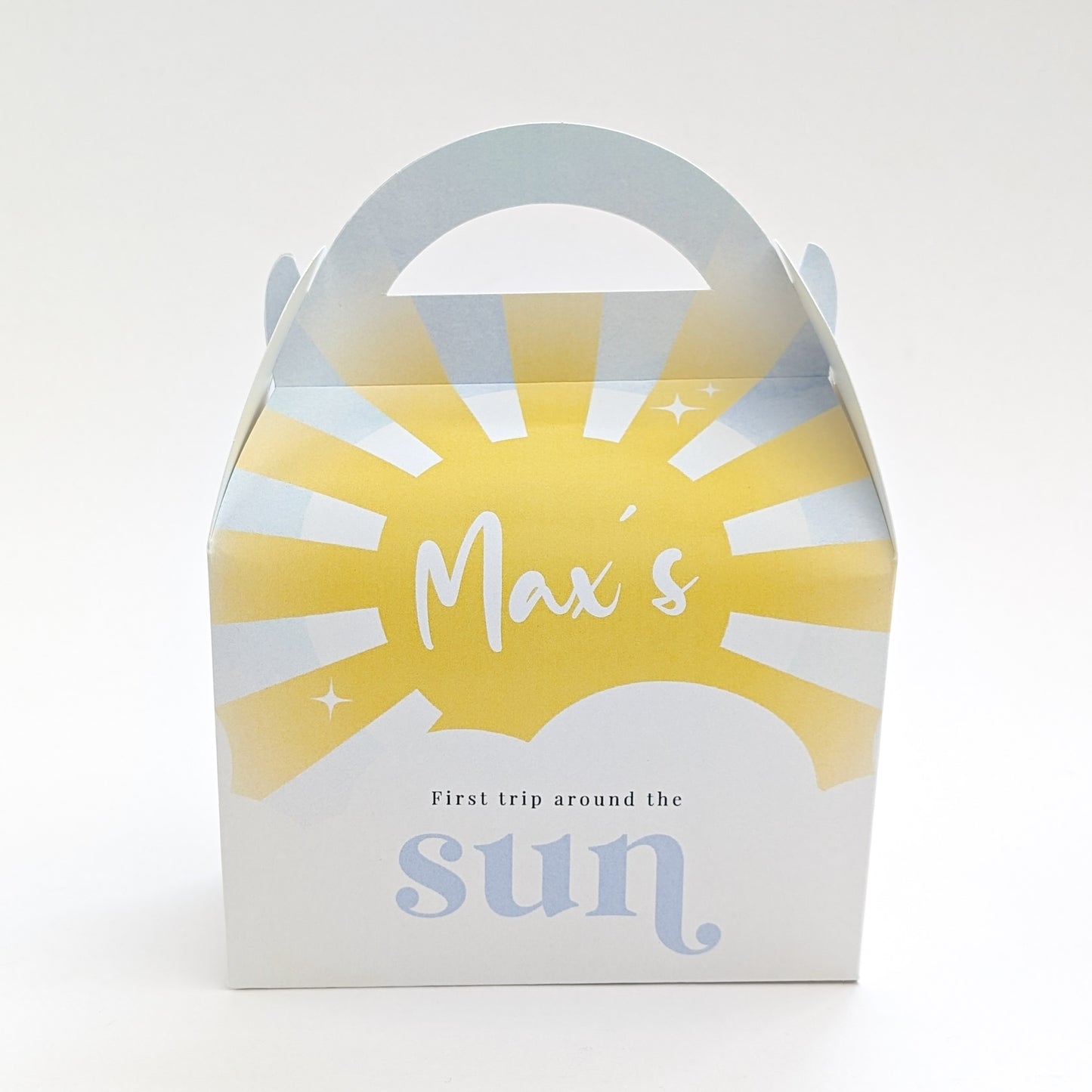 FIRST TRIP AROUND THE SUN Pastel Sunshine Personalised Children’s Party Box Gift Bag Favour