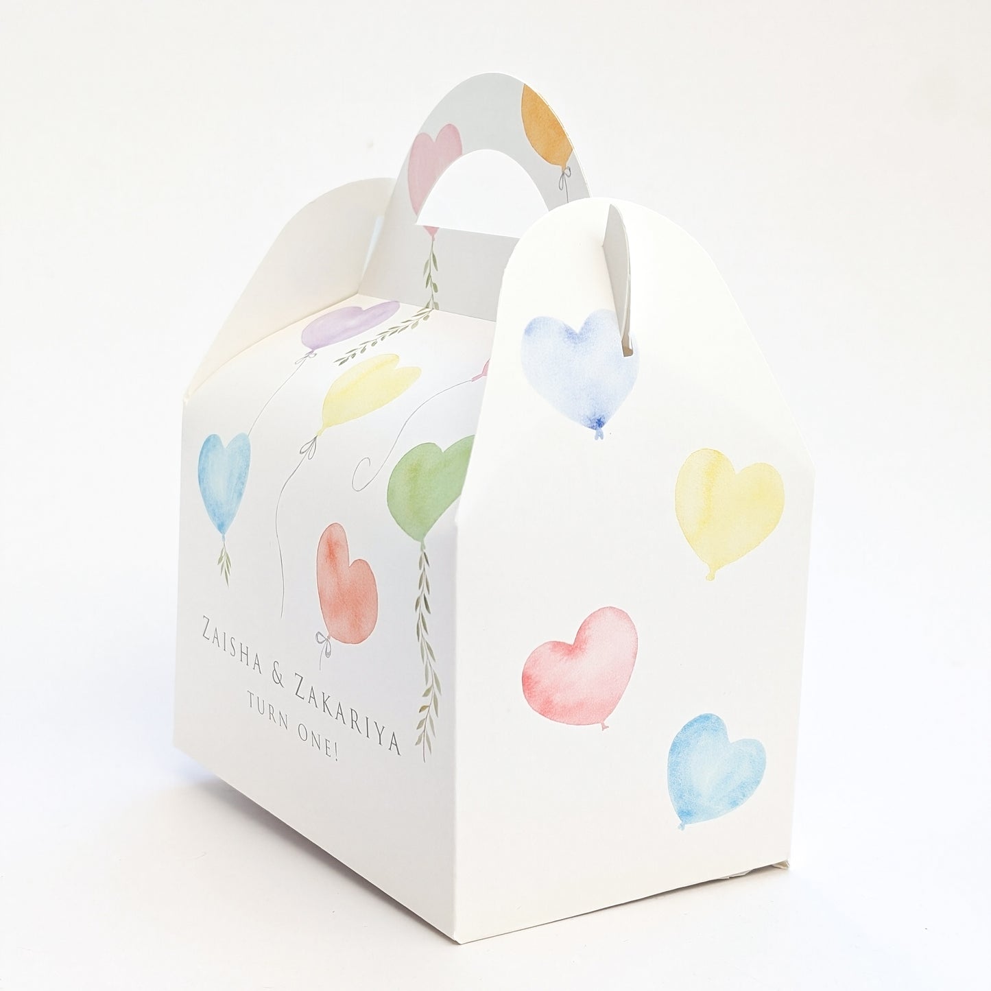 RAINBOW HEARTS Balloond Unisex Personalised Children’s Party Box Gift Bag Favour