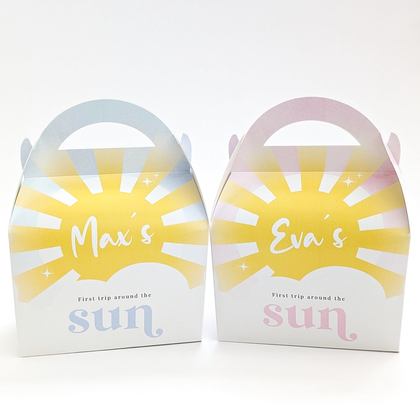 FIRST TRIP AROUND THE SUN Pastel Sunshine Personalised Children’s Party Box Gift Bag Favour