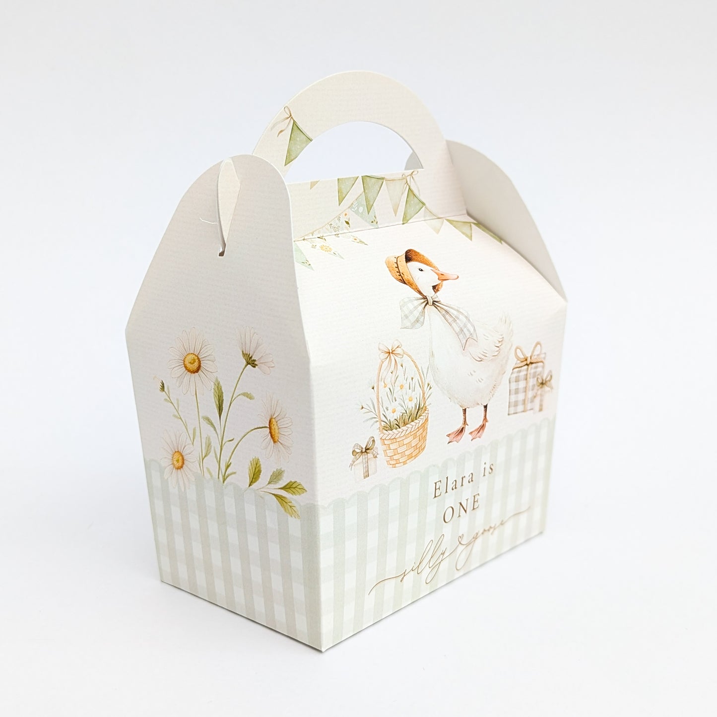 SILLY GOOSE first second 1st birthday children's personalised party boxes gingham boho