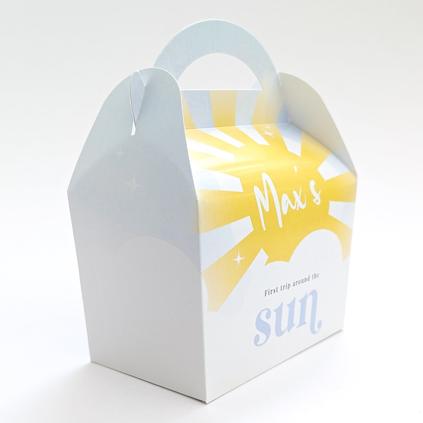 FIRST TRIP AROUND THE SUN Pastel Sunshine Personalised Children’s Party Box Gift Bag Favour