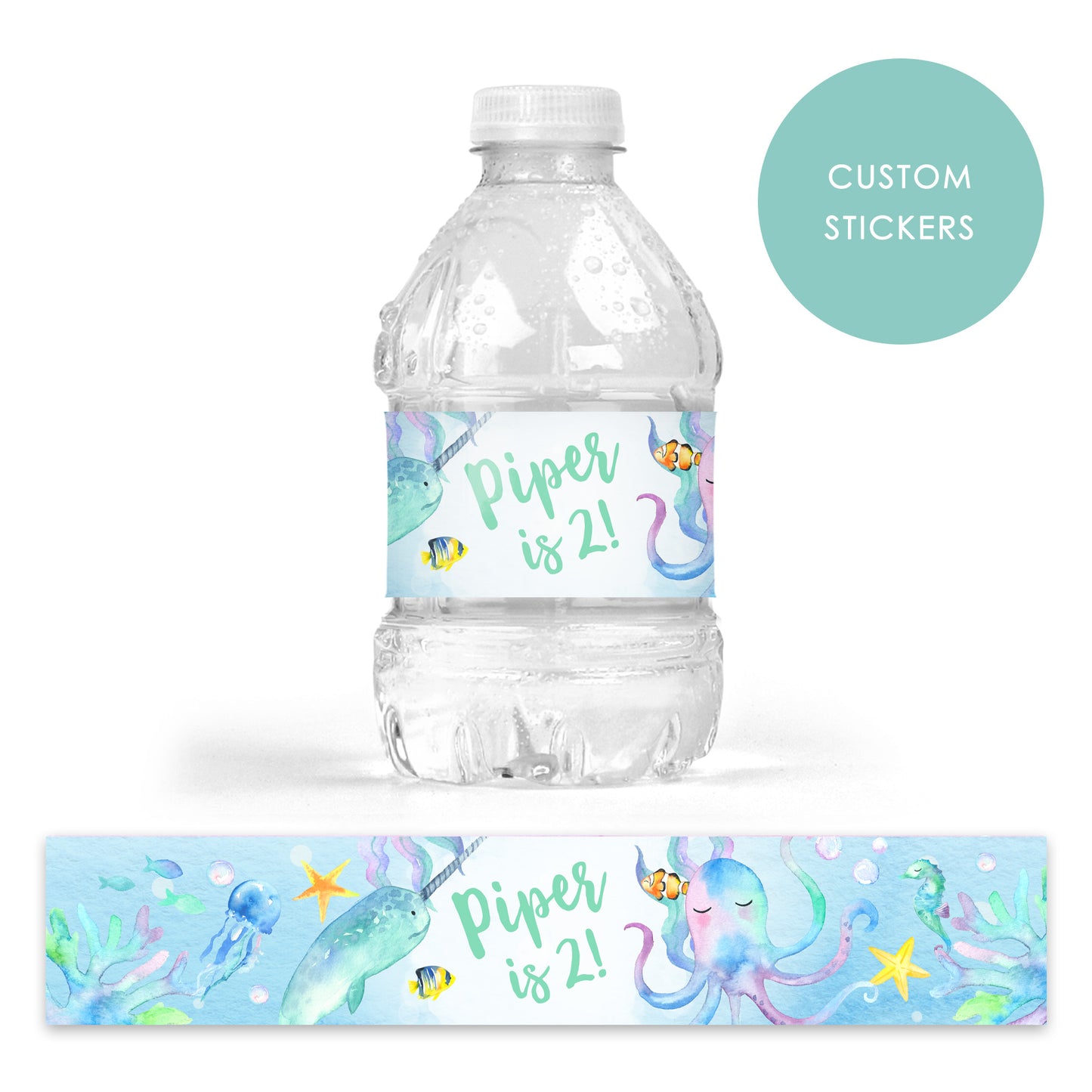 DRINK LABEL STICKERS x 7 Personalised Under the Sea Underwater Sea Life Party