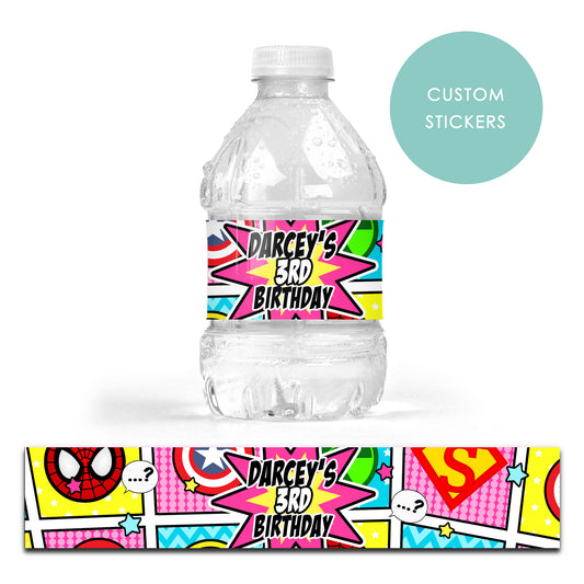 DRINK LABEL STICKERS x 7 Personalised Superhero Comic Book