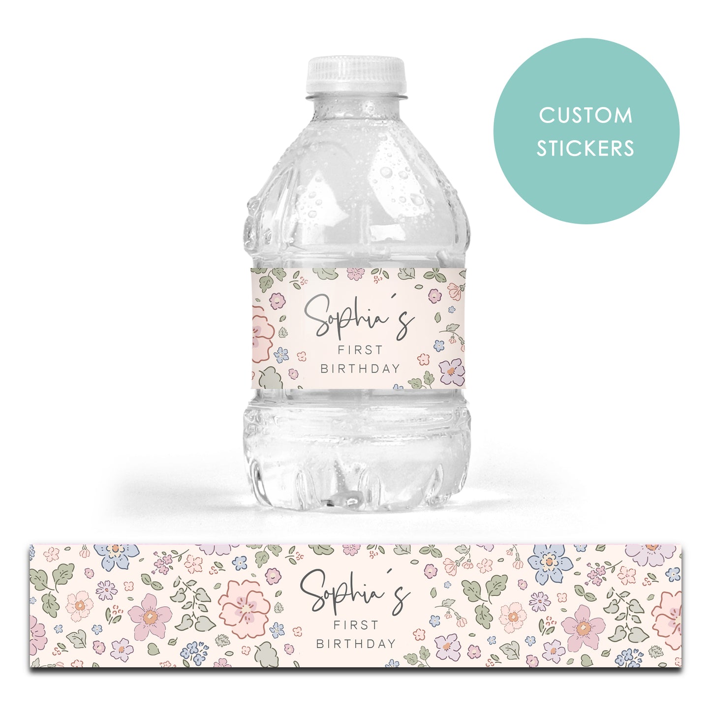 DRINK LABEL STICKERS x 7 Personalised Birthday Liberty Floral Flower Ditsy