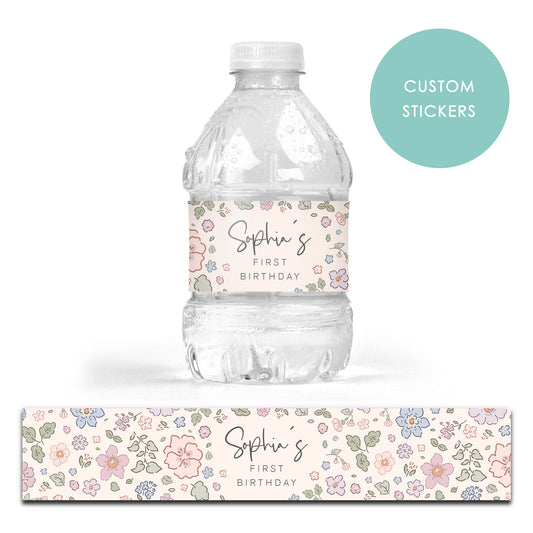 DRINK LABEL STICKERS x 7 Personalised Birthday Liberty Floral Flower Ditsy