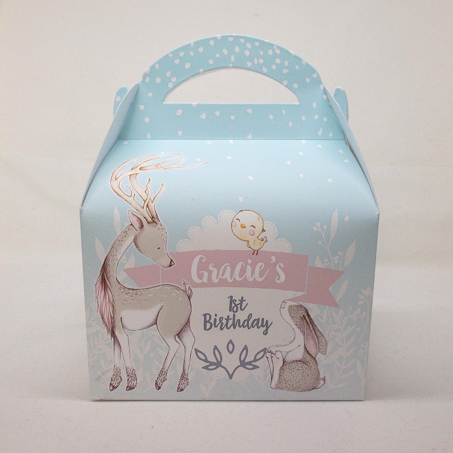 WOODLAND Forest animals cute Personalised Children’s Party Box baby shower Gift Bag Favour