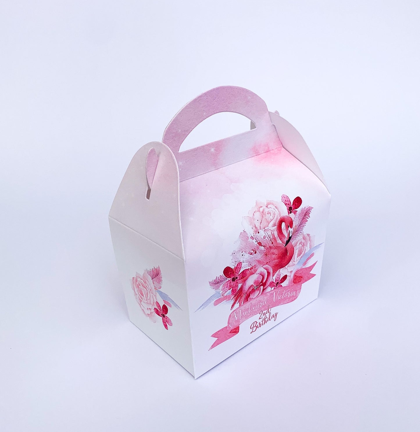 Watercolour floral flamingos Personalised Children’s Party Box Gift Bag Favour