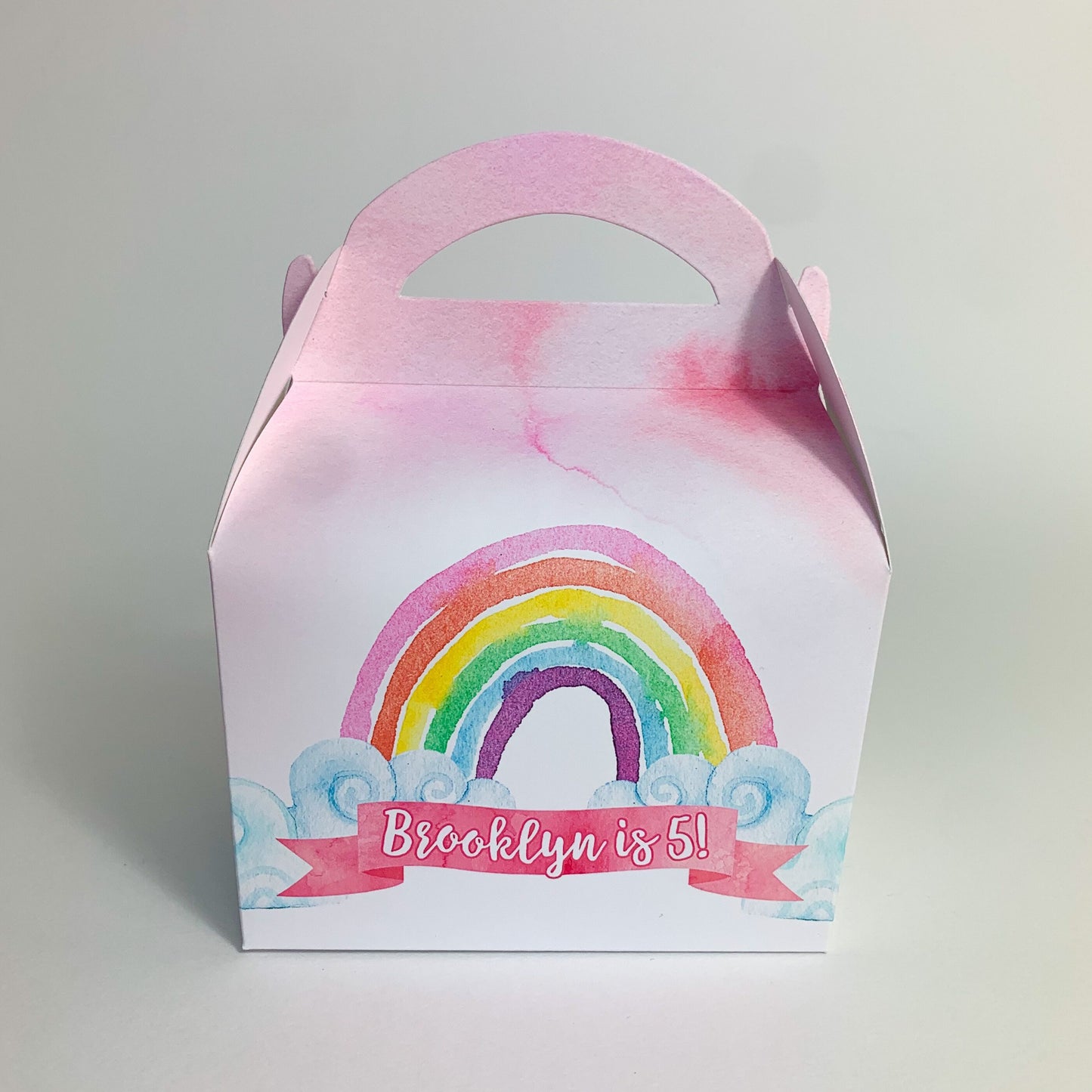 Rainbow watercolour Personalised Children’s Party Box Gift Bag Favour