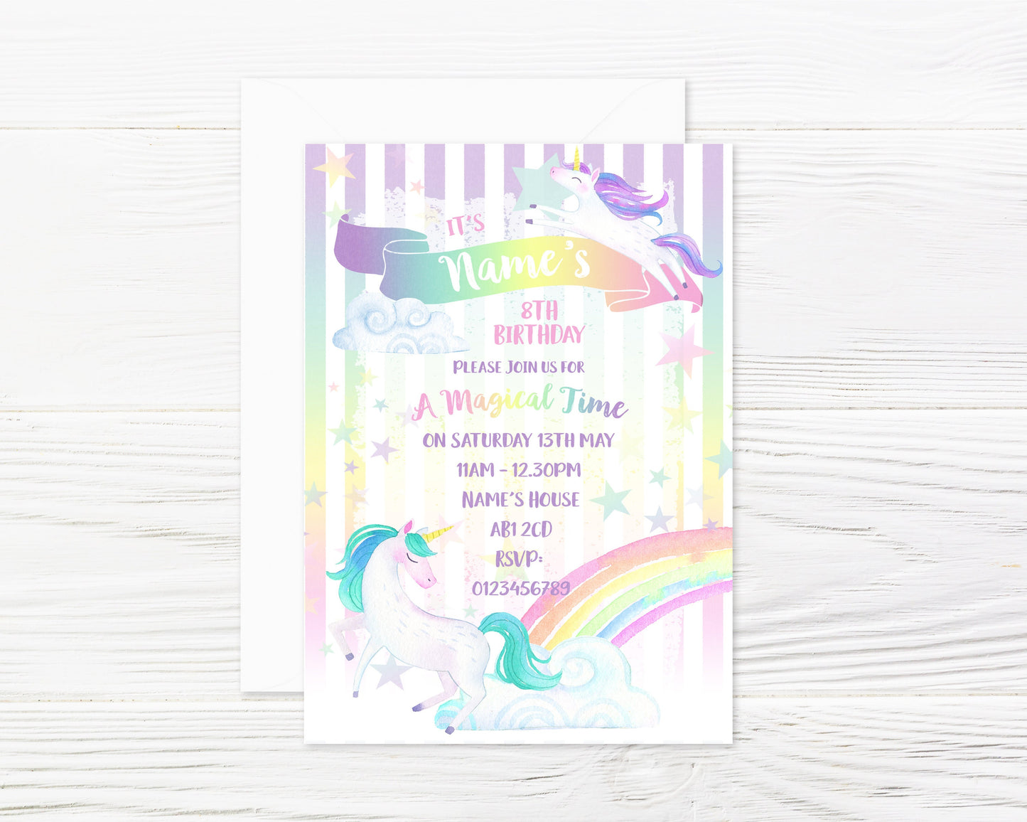 Personalised Watercolour Unicorns Party Invitations and Matching Envelopes x 8