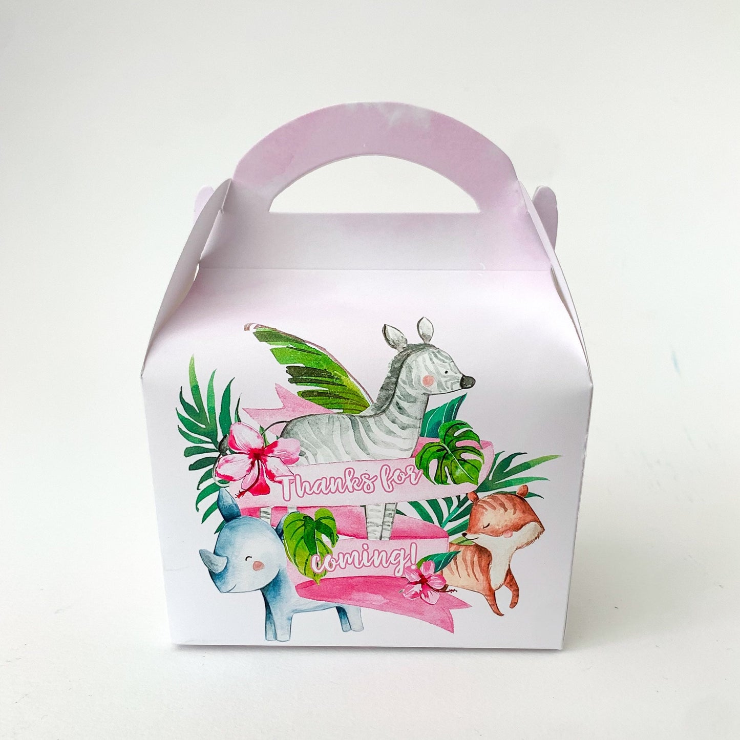 Pink safari jungle animals Personalised Children’s Party Box Gift Bag Favour