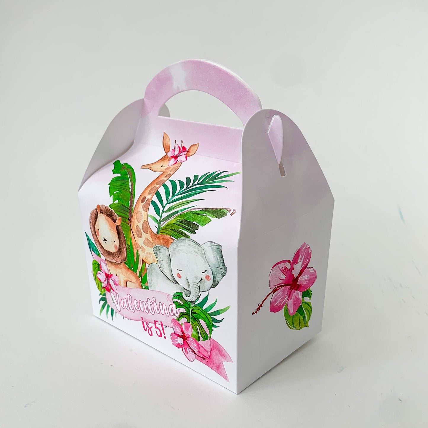 Pink safari jungle animals Personalised Children’s Party Box Gift Bag Favour