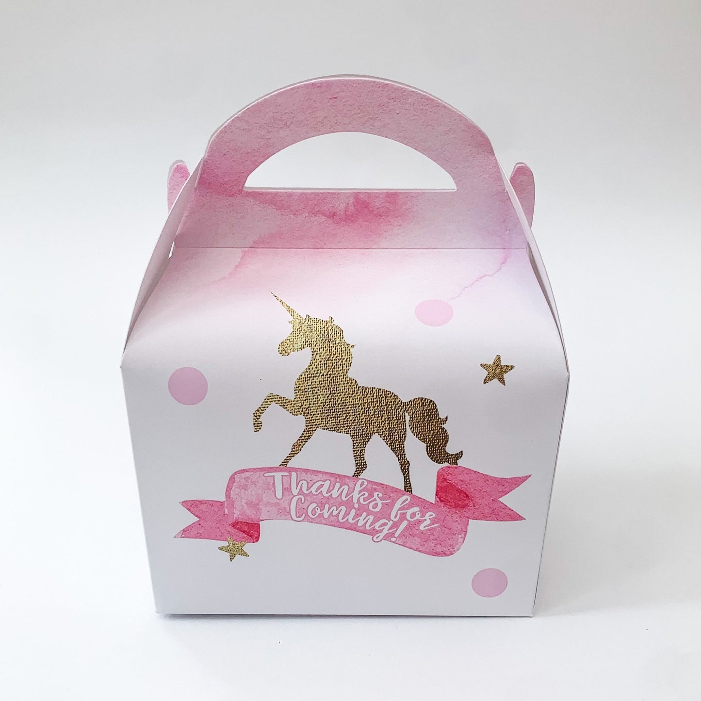 Unicorns pink and gold Fantasy Watercolour Personalised Children’s Party Box Gift Bag Favour