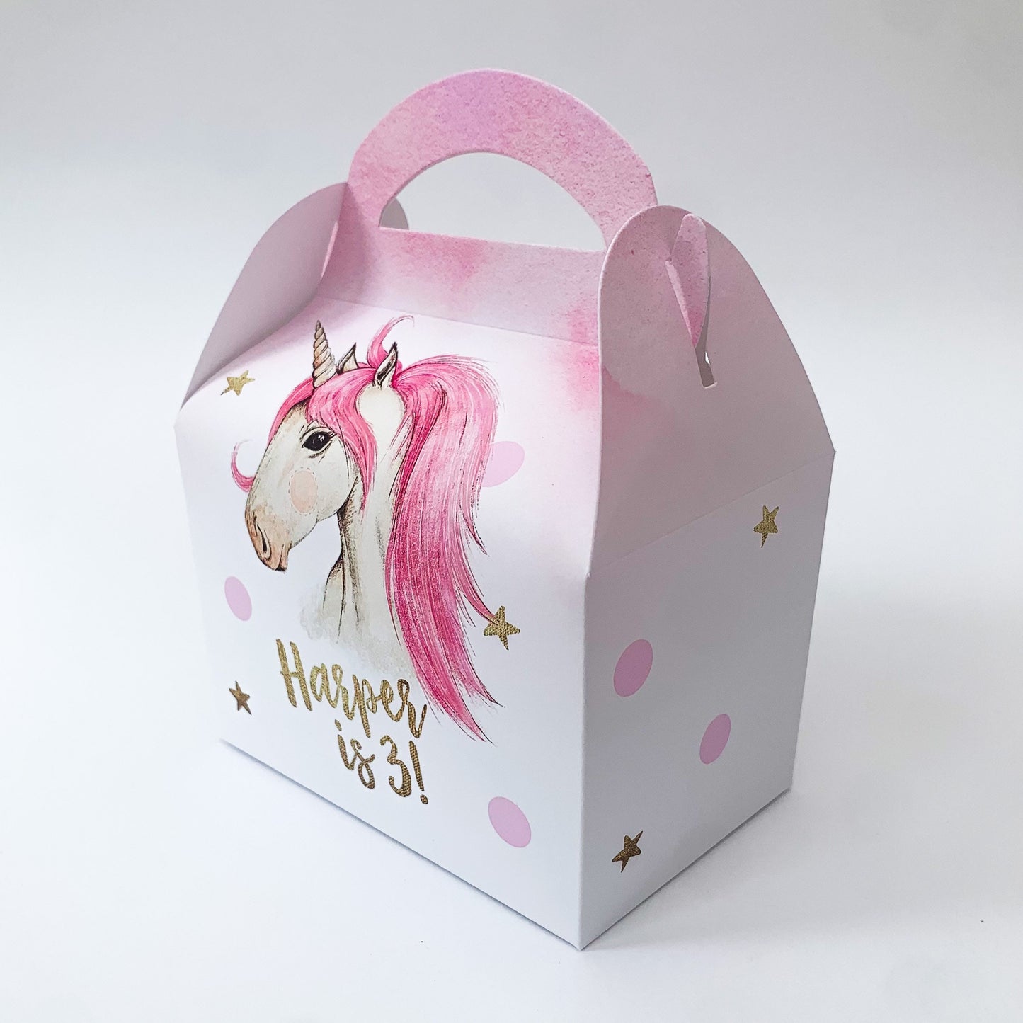 Unicorns pink and gold Fantasy Watercolour Personalised Children’s Party Box Gift Bag Favour