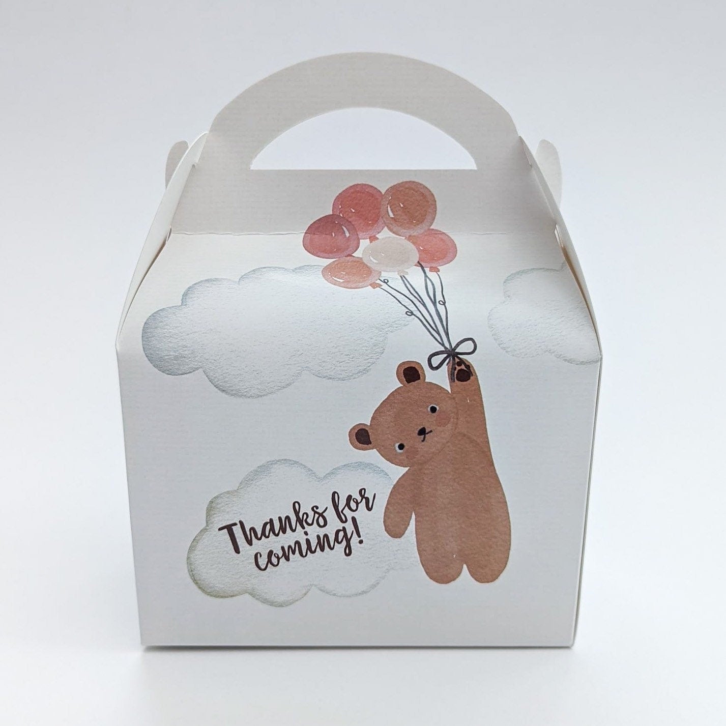 Watercolour Neutral Teddy Bears and Balloons Personalised Children’s Party Box Gift Bag Favour