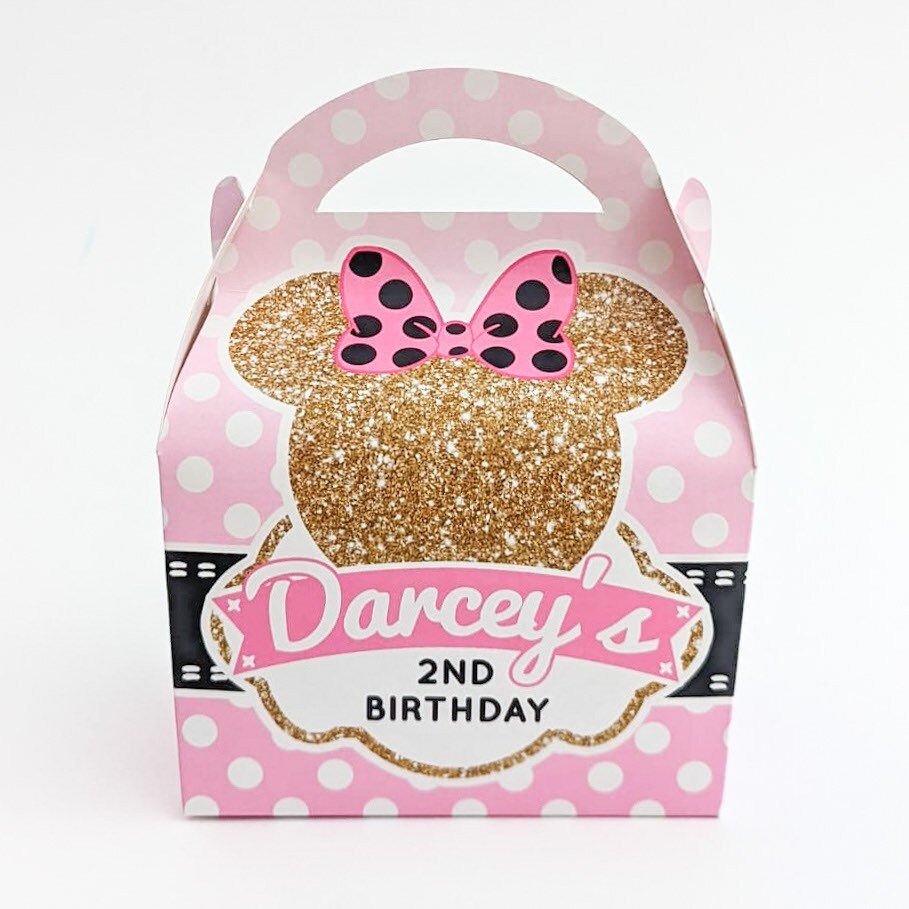 Pink and gold Minnie Mouse blue and gold Mickey Mouse  Personalised Children’s Party Box Gift Bag Favour