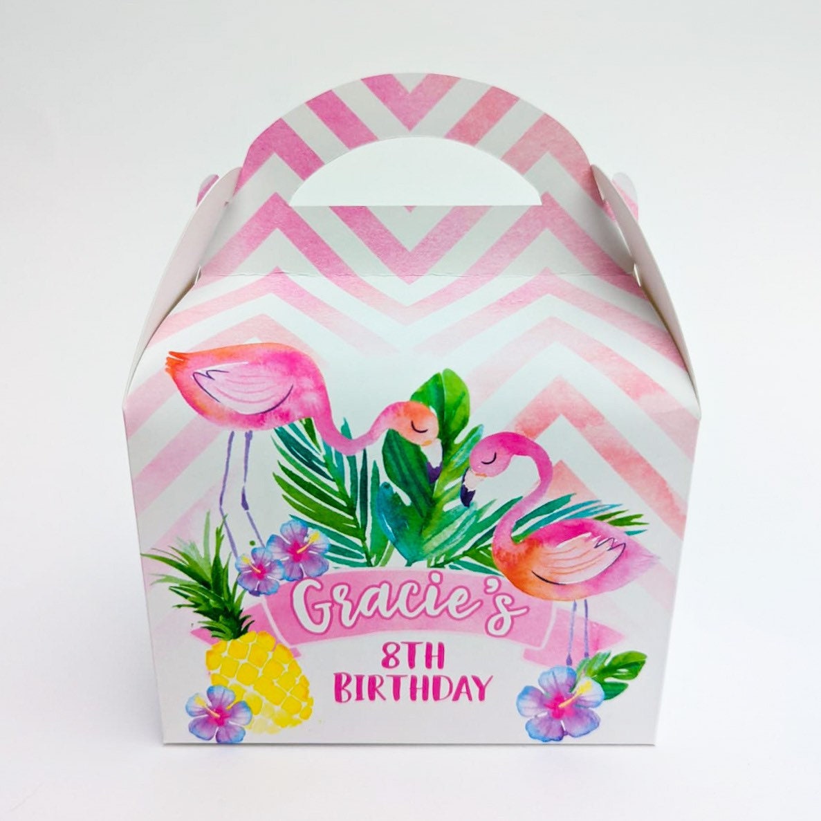 Tropical Flamingo Watercolour Personalised Children’s Party Box Gift Bag Favour