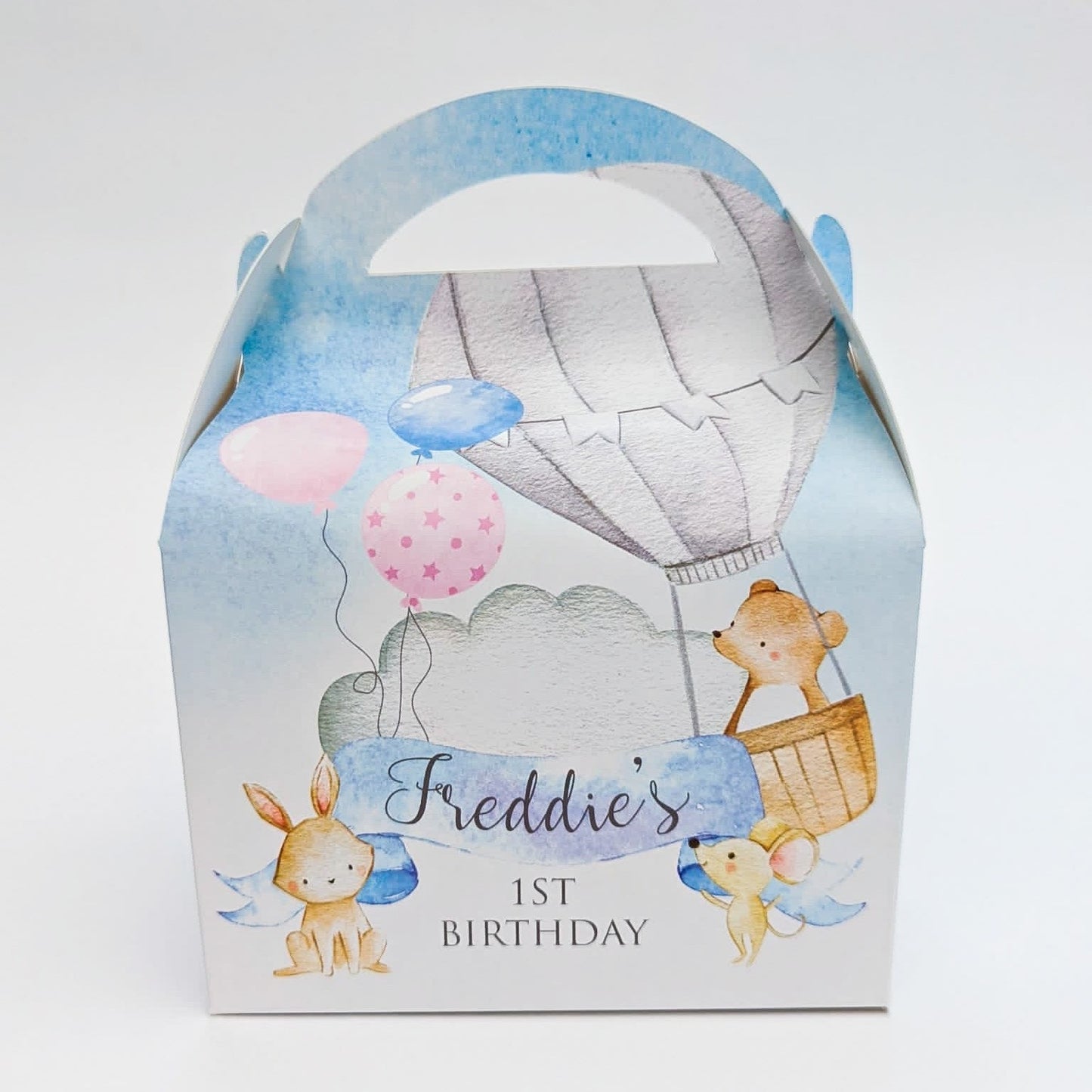 Cute baby animals bear hot air balloon Watercolour Personalised Children’s Party Box Gift Bag Favour