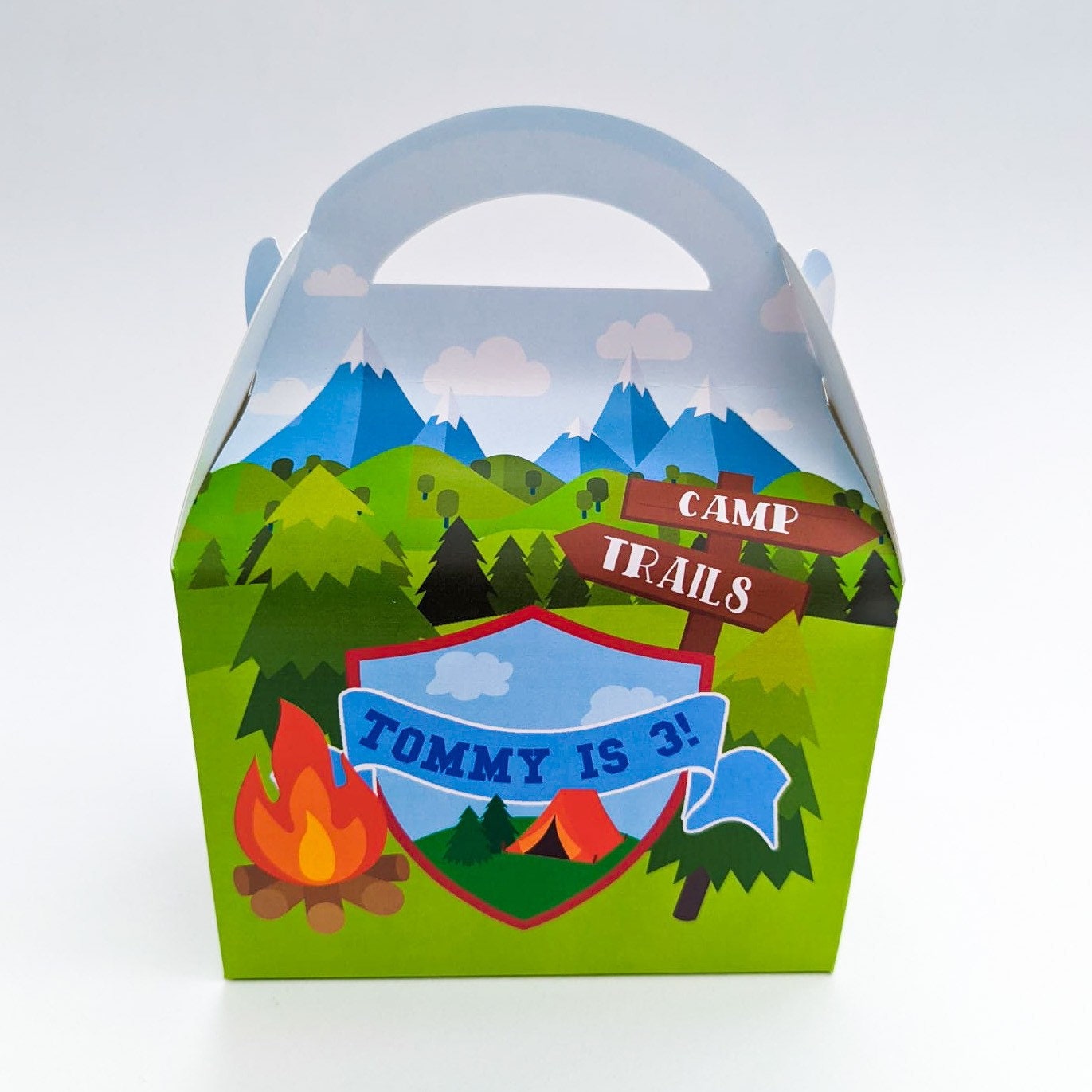 Vintage American Camp Camping Woodland Nature Personalised Children’s Party Box Gift Bag Favour