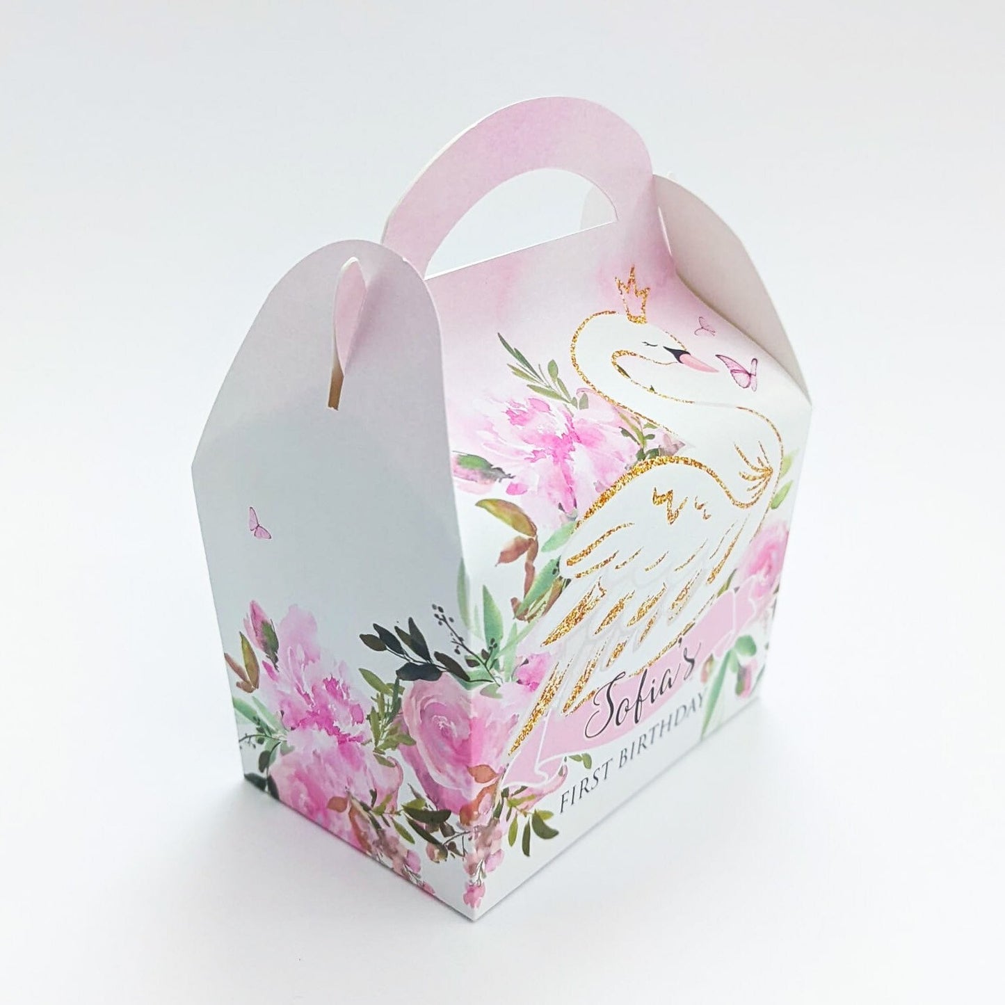 Pink floral swan Personalised Children’s Party Box Gift Bag Favour