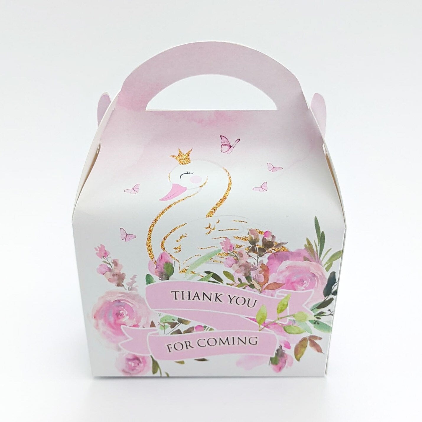 Pink floral swan Personalised Children’s Party Box Gift Bag Favour