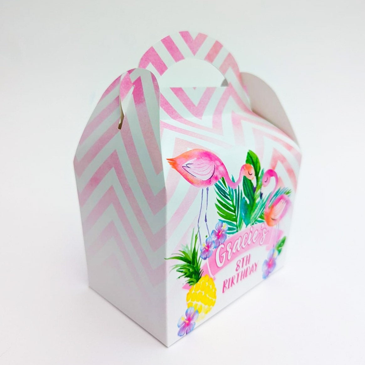 Tropical Flamingo Watercolour Personalised Children’s Party Box Gift Bag Favour