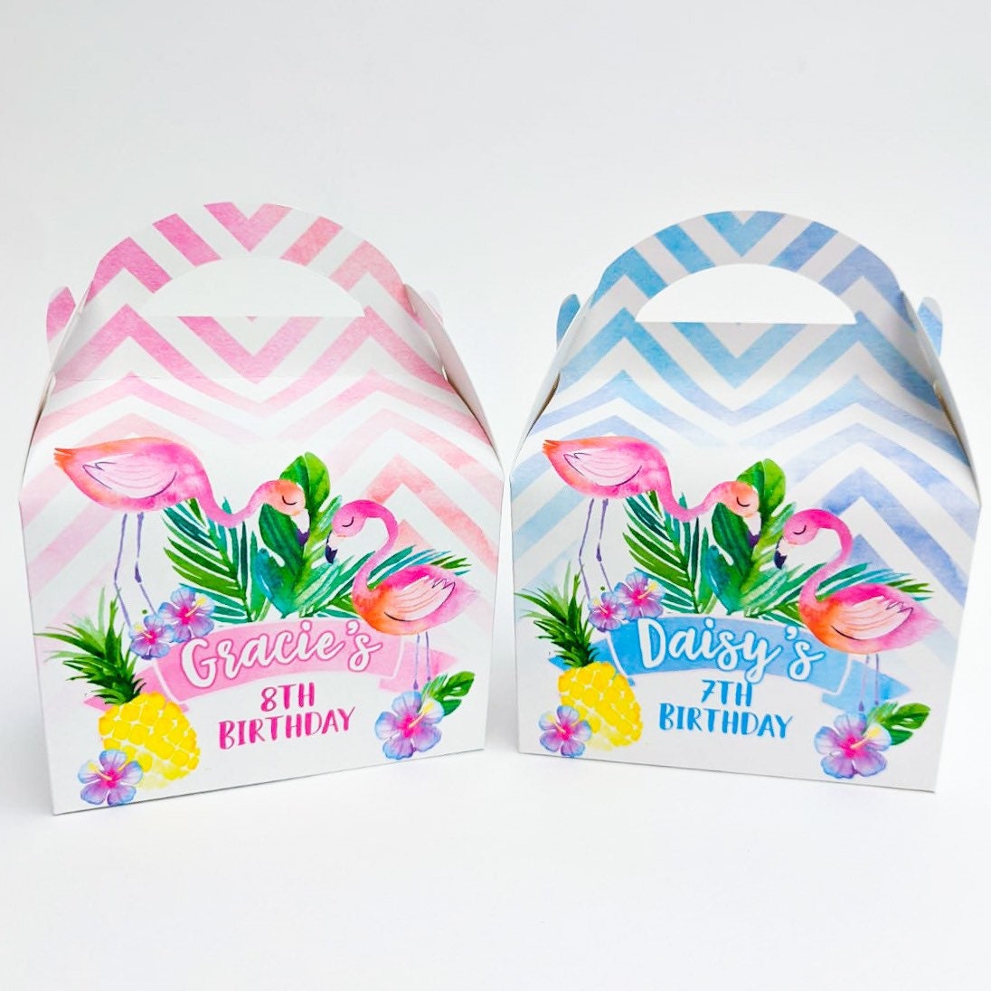 Tropical Flamingo Watercolour Personalised Children’s Party Box Gift Bag Favour