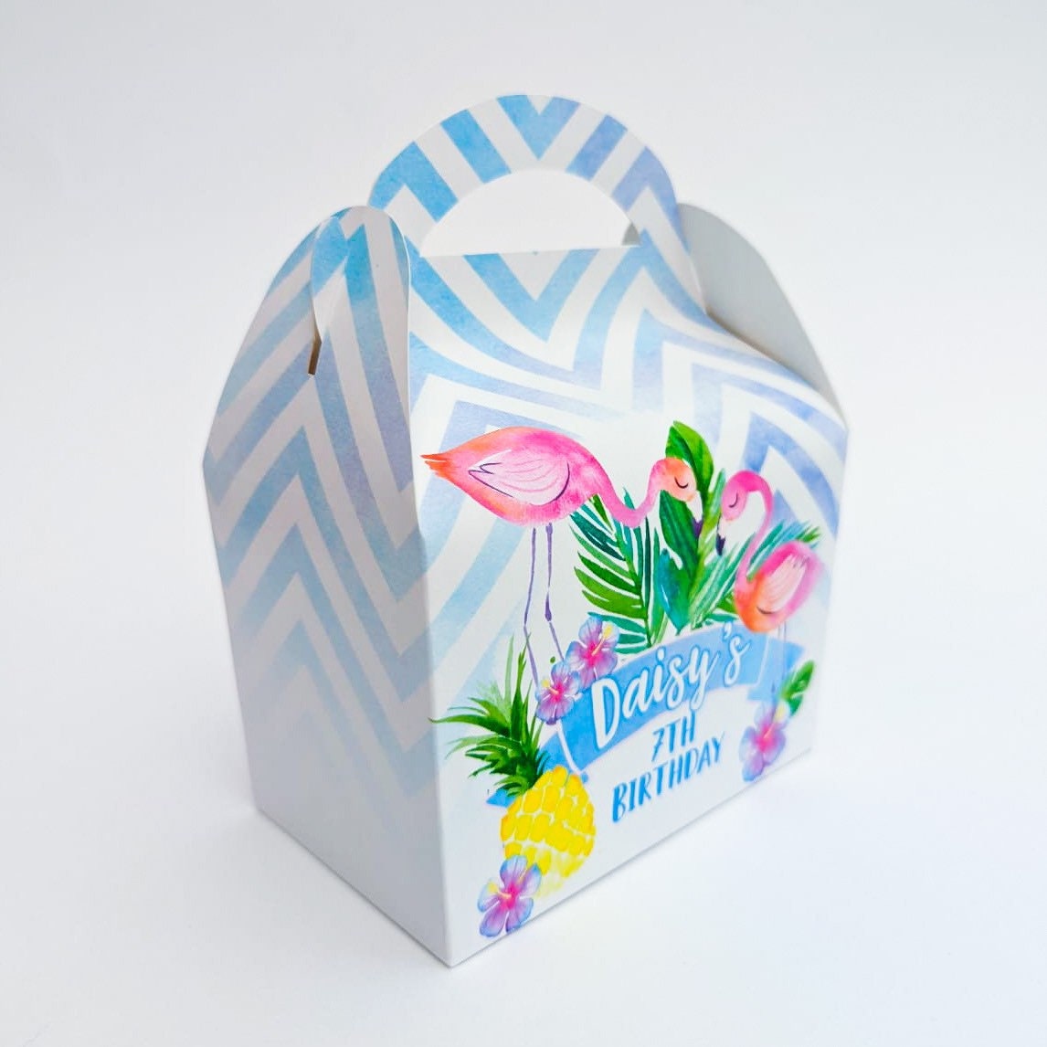 Tropical Flamingo Watercolour Personalised Children’s Party Box Gift Bag Favour