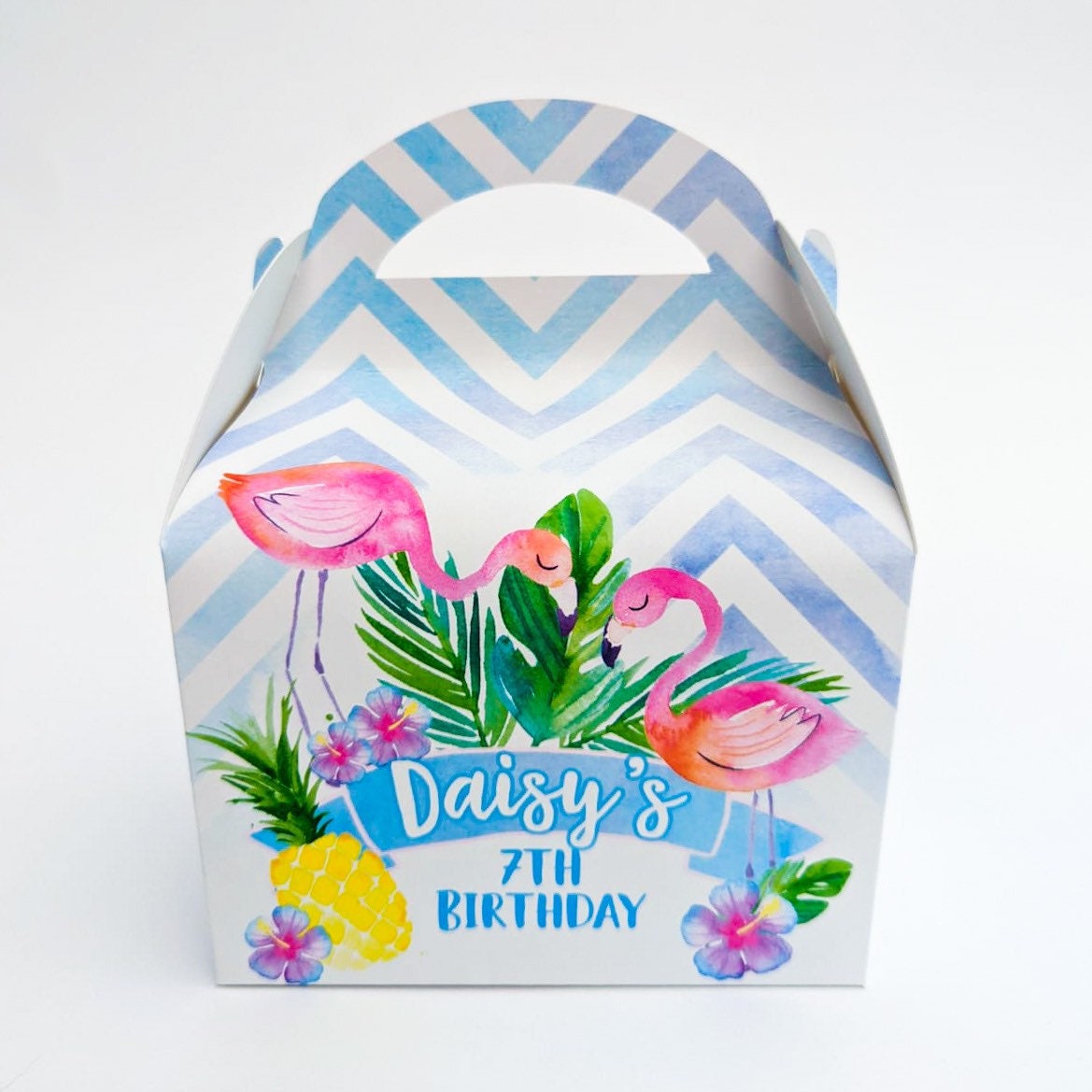 Tropical Flamingo Watercolour Personalised Children’s Party Box Gift Bag Favour