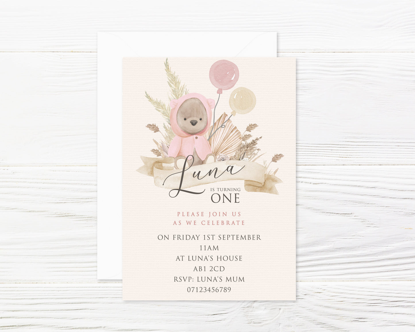 Personalised Teddy Bear Boho Party Invitations and Envelopes x 8